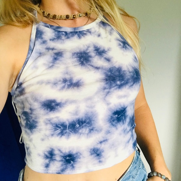 Blue Tie Dye Halter Crop Top - Picture 1 of 2